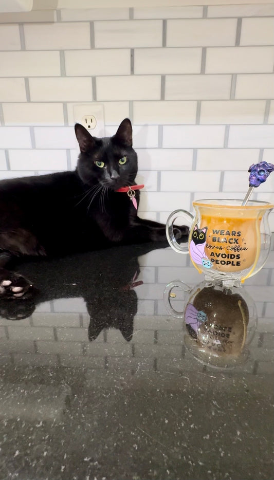 "WEARS BLACK, LOVES COFFEE, AVOIDS PEOPLE" GLASS CAULDRON MUG